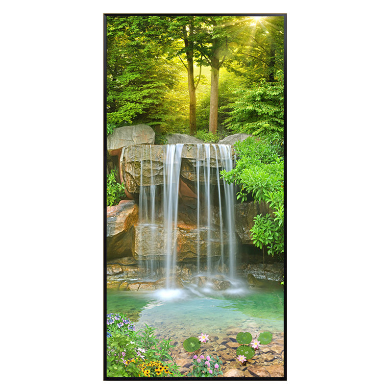 入户玄关装饰画单幅竖版走廊过道挂画流水生财山水风景画靠山壁画