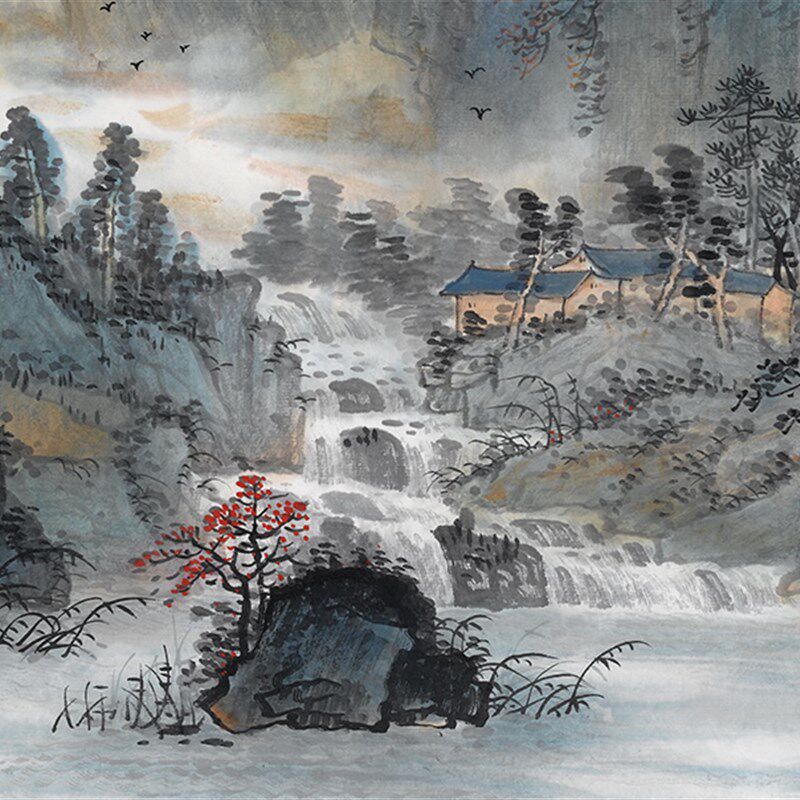 吴广-神州尽在彩霞中65X168cm五尺横幅山水宣纸国画复制品装饰画