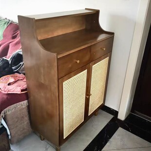 实木鞋柜家用门口换鞋凳组合入户门玄关鞋架樱桃红透气藤编鞋柜