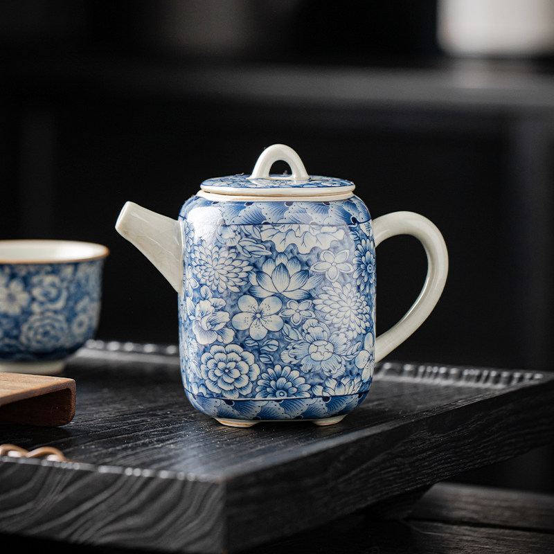 老陶泥汝窑青花茶壶复古手工家用四方陶瓷单壶功夫茶具开片泡茶器