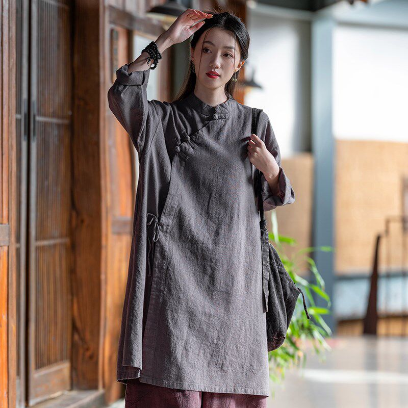 寺院居士服女中国风中长款斜襟盘扣上衣出家师父衣服佛系禅意女装
