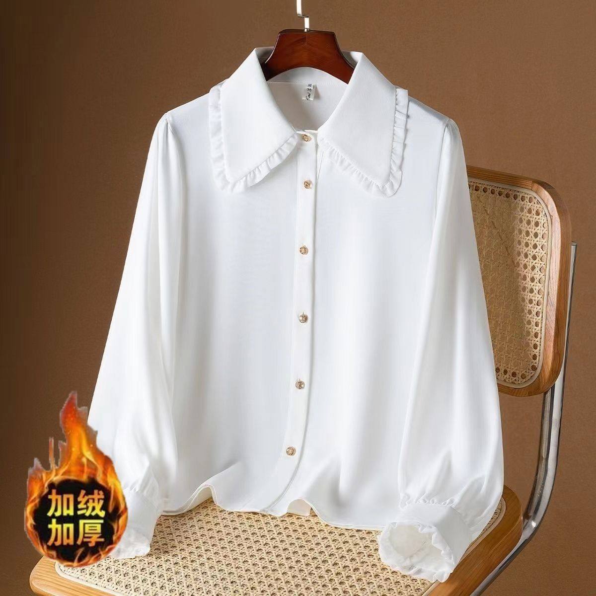 加绒/不加绒~秋冬上衣女新款2023年白色衬衫女长袖娃娃领气质衬衣,女装/女士精品,衬衫,淘宝优惠券,粉丝福利购,淘宝优惠卷
