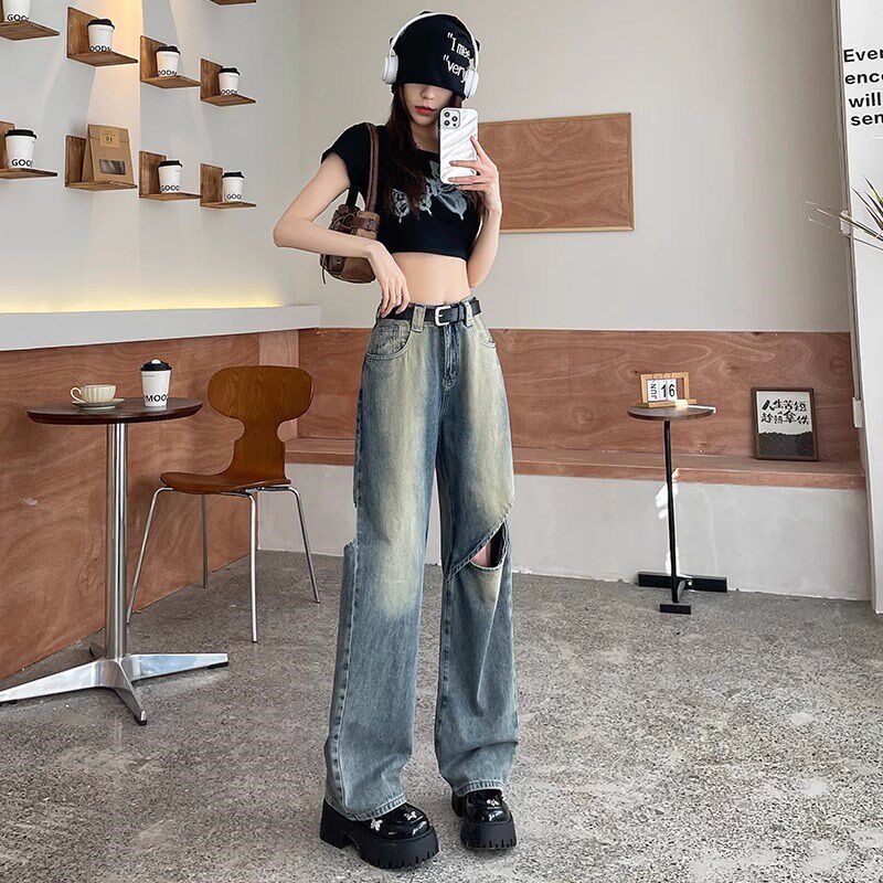 美式破洞牛仔裤女夏季薄款2024新款复古高腰宽松显瘦直筒阔腿裤子