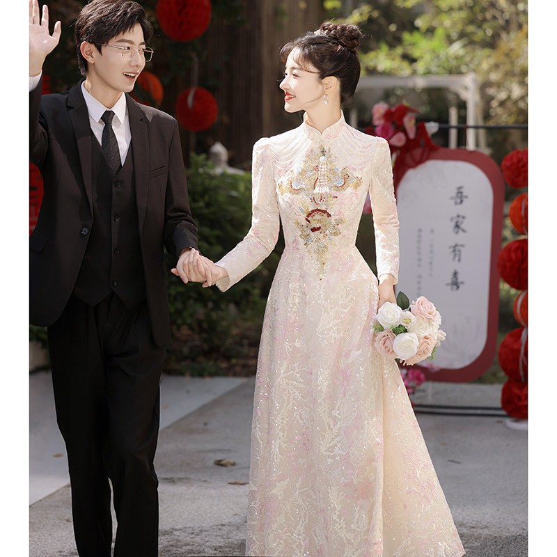 旗袍敬酒服新娘高级感2023新款秋冬季中式订婚礼服裙女出阁宴结婚