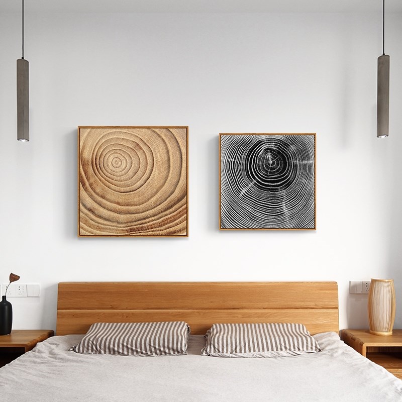 网红抽象山中北欧原木风装饰画年轮墙挂画木纹米色壁画回到玄关柜