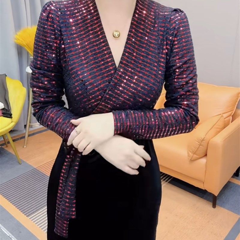 2025秋冬季时尚假两件长袖连衣裙女新款洋气性感亮片百搭打底裙子,女装/女士精品,连衣裙,淘宝优惠券,粉丝福利购,淘宝优惠卷