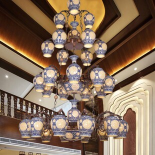 新中式 楼挑空客厅4层可定制古铜色LED大吊灯 景德镇青花瓷别墅复式