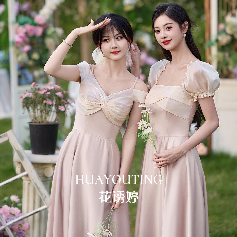 缎面伴娘服大码胖mm2025新款夏香槟色小众高级感姐妹服伴娘团礼服
