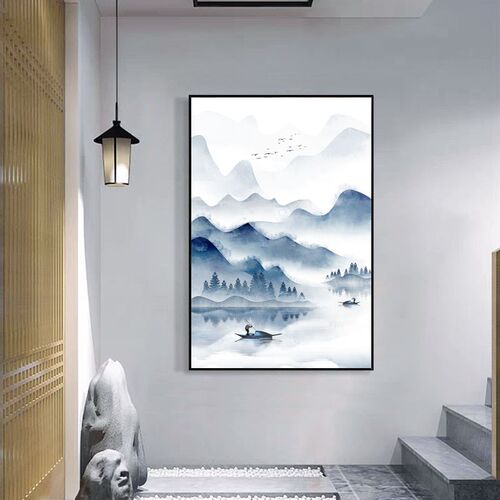 新中式玄关装饰墙画竖版禅意客厅山水挂画中国风书房茶室水墨壁画