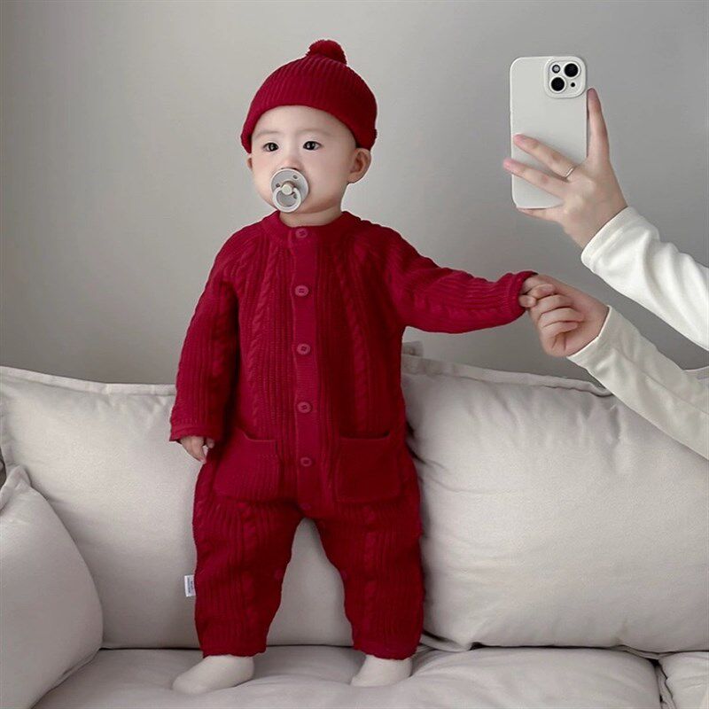 韩国童装婴儿毛衣连体衣满月百天周岁礼服爬服新年套装宝宝针织衫