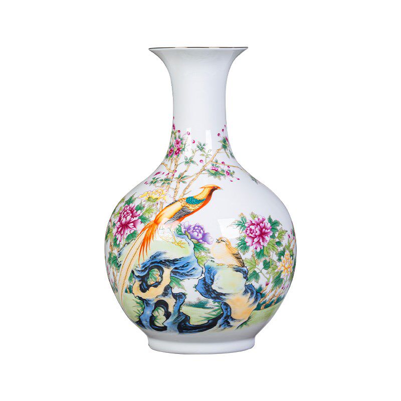 景德镇陶瓷器锦鸡赏瓶粉彩花瓶新中式家居客厅插花书柜装饰品摆件