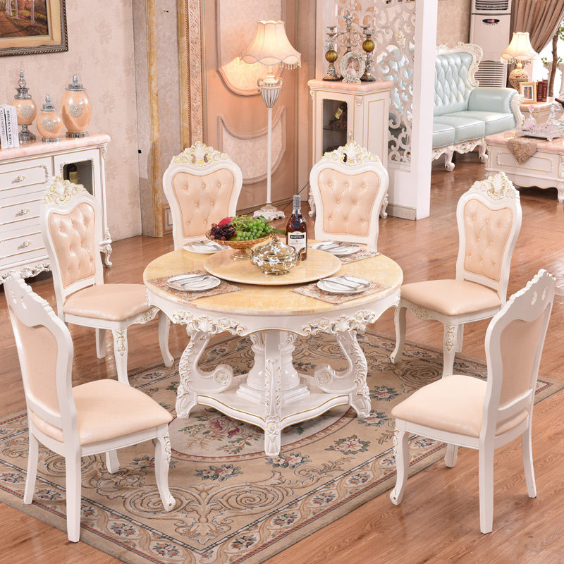 欧式圆桌 美式别墅餐厅大理石带转盘家用实木雕花圆形饭桌餐桌椅,住宅家具,大理石餐桌,淘宝优惠券,粉丝福利购,淘宝优惠卷