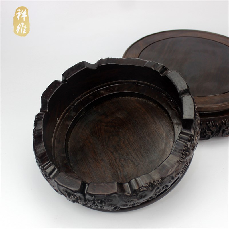 黑檀木圆形花盆花瓶鱼缸工艺品摆件实木底座奇石头可旋转木座底托