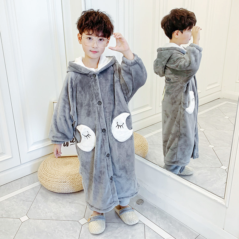 儿童睡袍男孩秋冬季男童宝宝加厚款珊瑚绒中大童法兰绒睡衣家居服