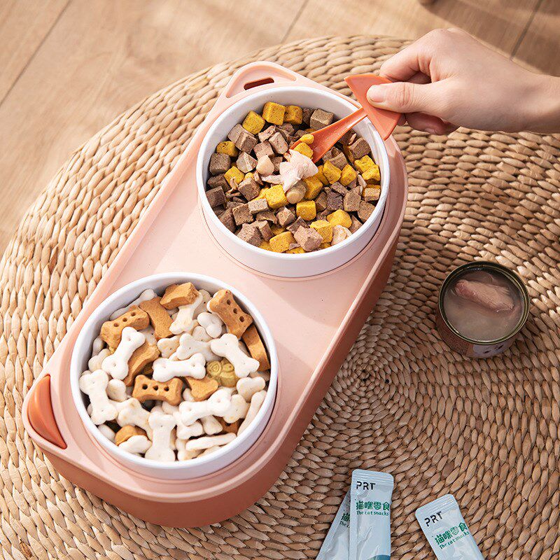 新款宠物碗陶瓷双碗高脚护颈防打翻猫咪狗狗喝水喂食两用带储量桶