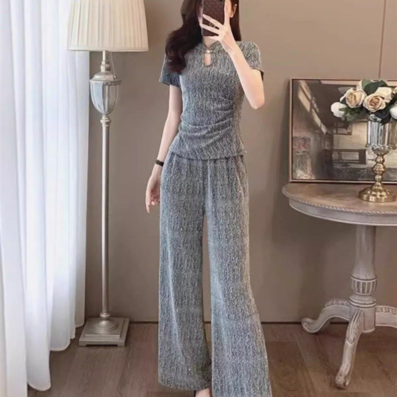 2024夏装轻奢高级感休闲时尚套装女国风收腰短袖上衣阔腿裤两件套