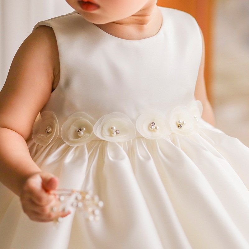 宝宝一周岁礼服百天生日小花童女童婚礼小女孩婴儿缎面公主裙洋气