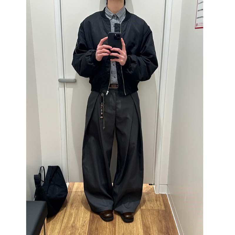 春秋美式立体褶皱廓形弯刀西裤男女生宽松直筒西装裤休闲阔腿裤男