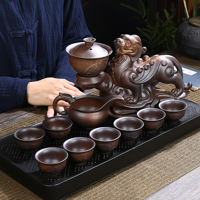 懒人茶具套装家用送礼品复古貔貅陶瓷冲茶壶办公室石磨自动泡茶器
