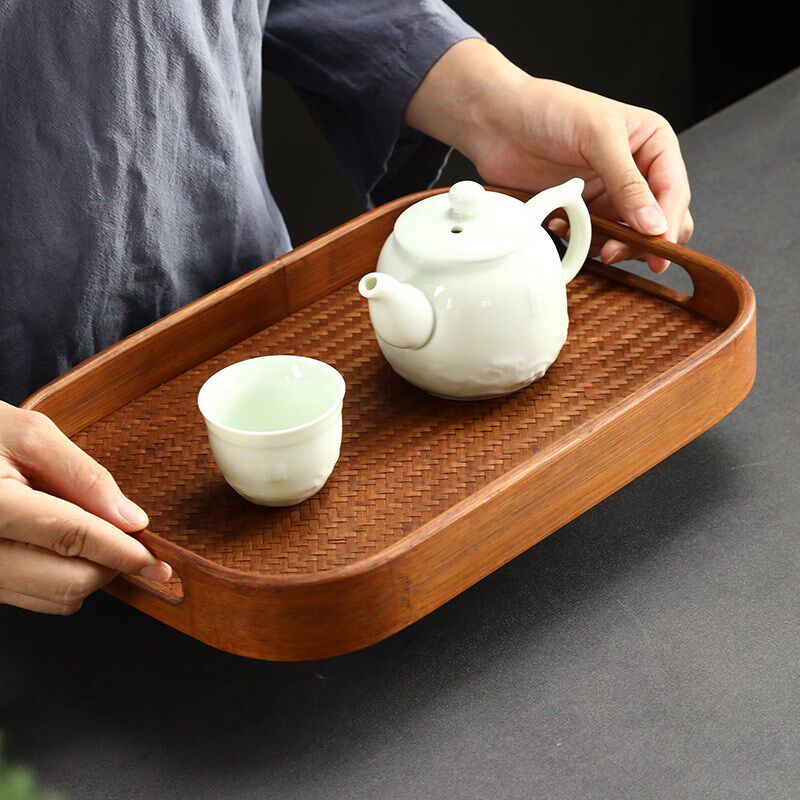 夏季新品竹制席面奉茶盘大漆双面圆形收纳围栏复古长方形沥水托盘