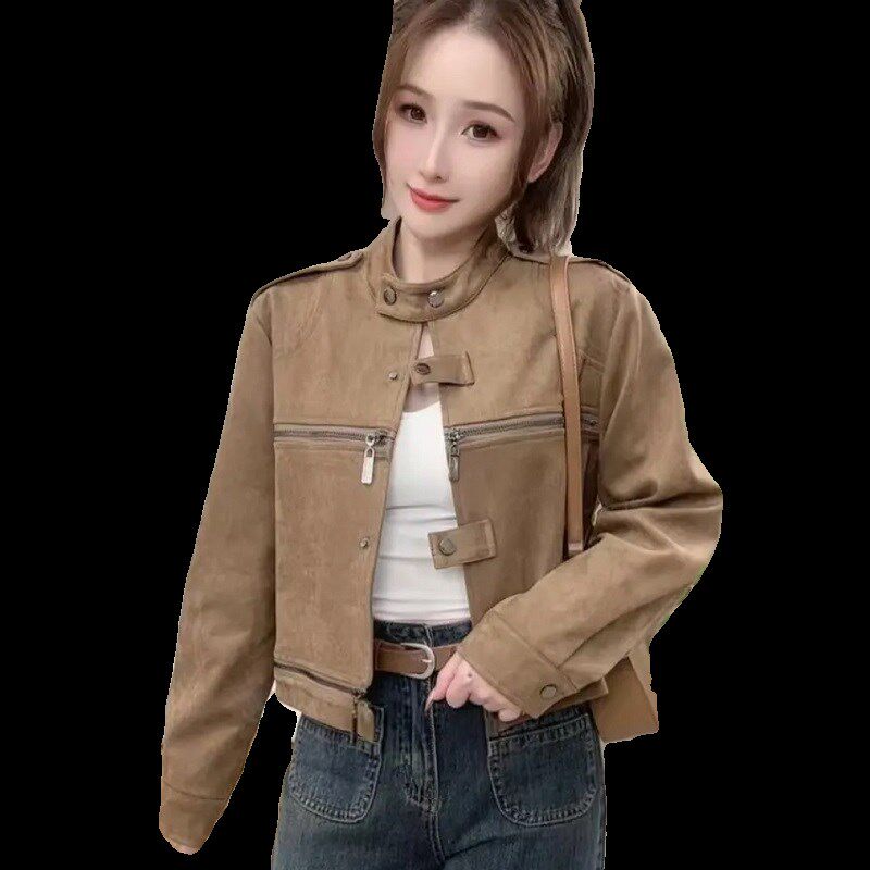麂皮绒立领夹克外套女2024秋复古小个子高级感短款机车夹克上衣女