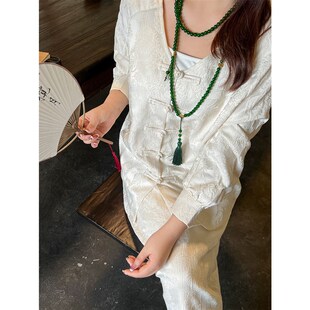 大码百分百女装新款春季微胖mm【国风套装】新中式V领上衣半身裙