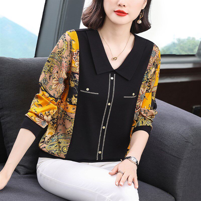 中老年女装妈妈春装2024新款时尚娃娃领纯棉长袖t恤女洋气打底衫