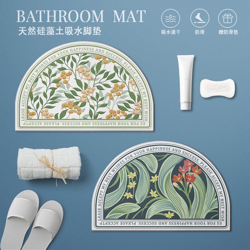 优雅美式碎花 浴室硅藻泥地垫卫生间门口吸水半圆脚垫厕所防滑北