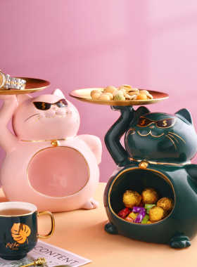 轻奢陶瓷猫咪客厅家居装饰品玄关进门口钥匙收纳摆件托盘开业礼物
