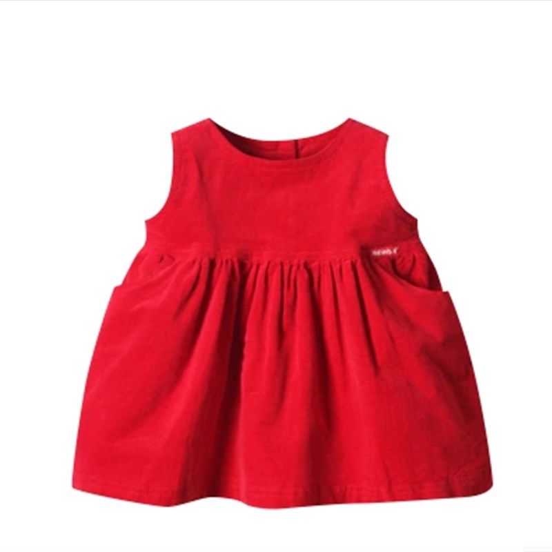 女童洋气背心连衣裙春秋宝宝大红色公主裙新年装儿童灯芯绒背带裙