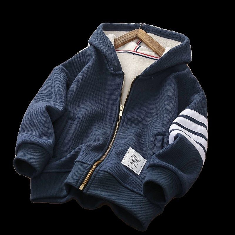 男童加绒外套秋冬装新款连帽儿童一体绒开衫卫衣 中大童加绒卫衣