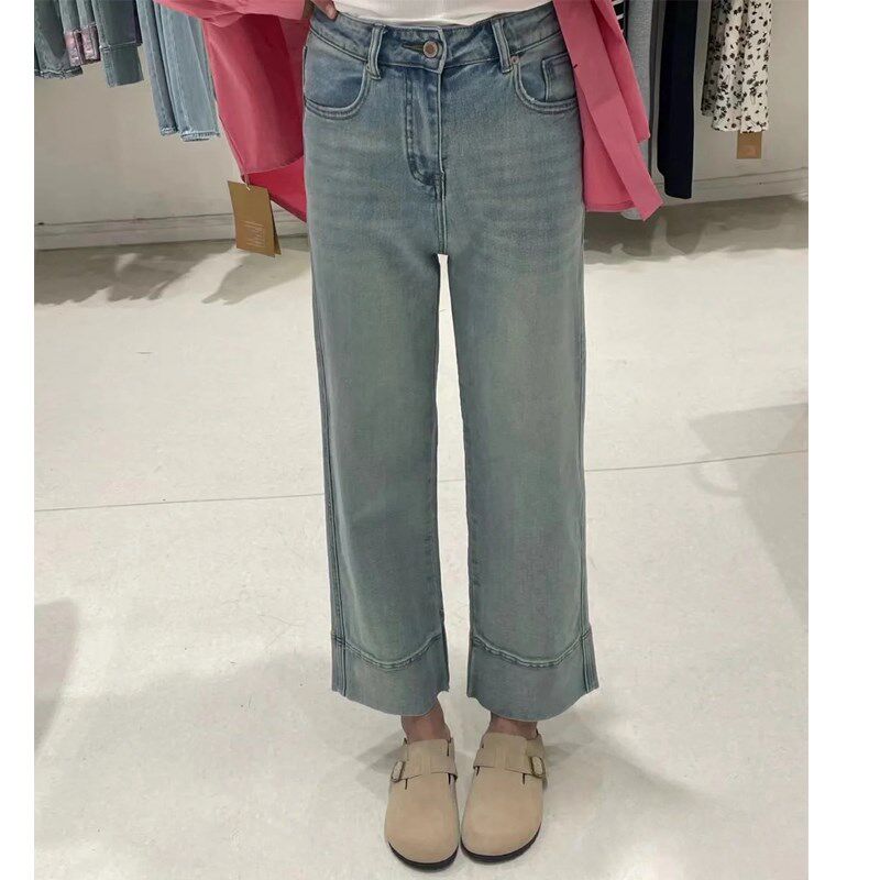 复古蓝直筒牛仔裤女春秋夏季胖妹妹mm大码高腰弹力显瘦九分烟管裤