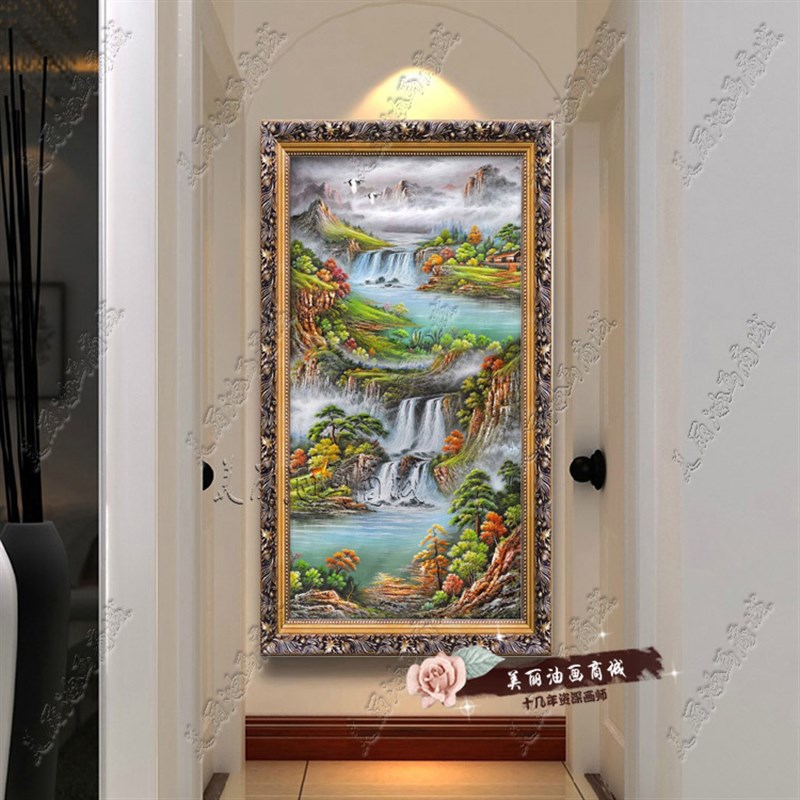 竖版手绘油画聚宝盆客厅山水风景画有框画沙发背景挂画酒店包邮