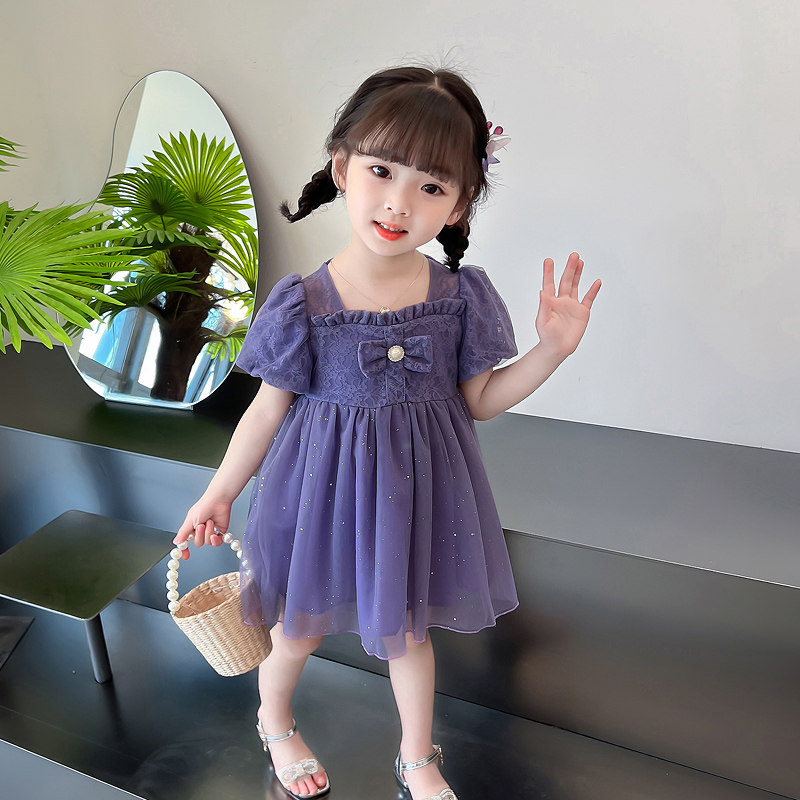 女童高端公主裙女宝宝夏季生日裙子儿童紫色蕾丝纱裙2023小童夏装