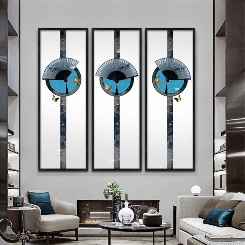新中式玄关客厅沙发背景墙装饰画酒店别墅走廊过道扇子立体挂画