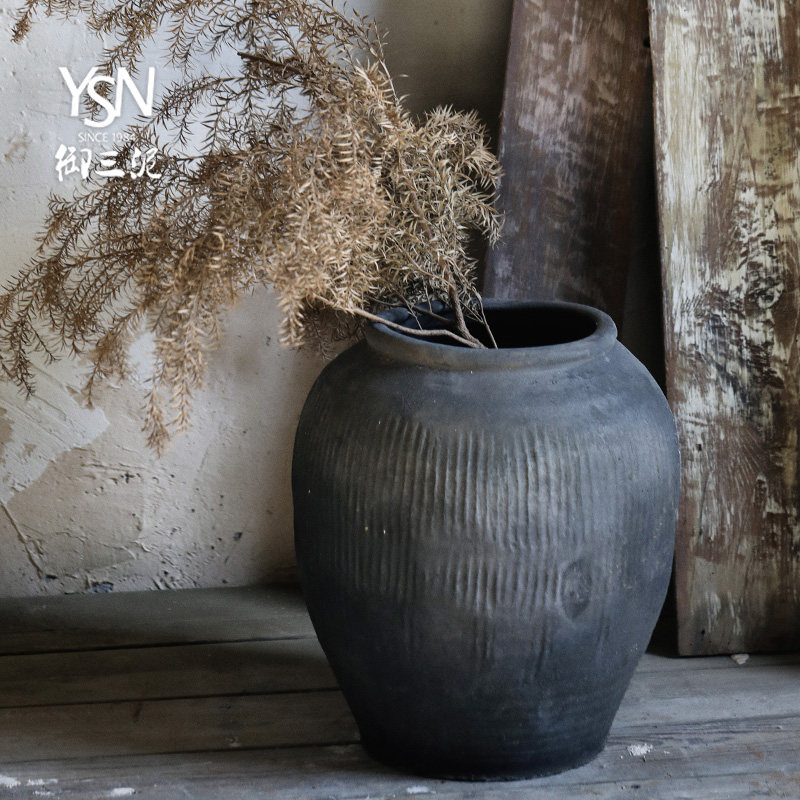 做旧黑陶罐落地花瓶组合禅意土罐仿古中式艺术老瓦罐复古翁缸粗陶,家居饰品,家饰软装搭配套装,淘宝优惠券,粉丝福利购,淘宝优惠卷