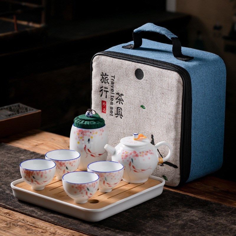 日式旅行茶具套装便携户外家用手绘陶瓷泡茶壶功夫茶杯茶叶罐茶盘