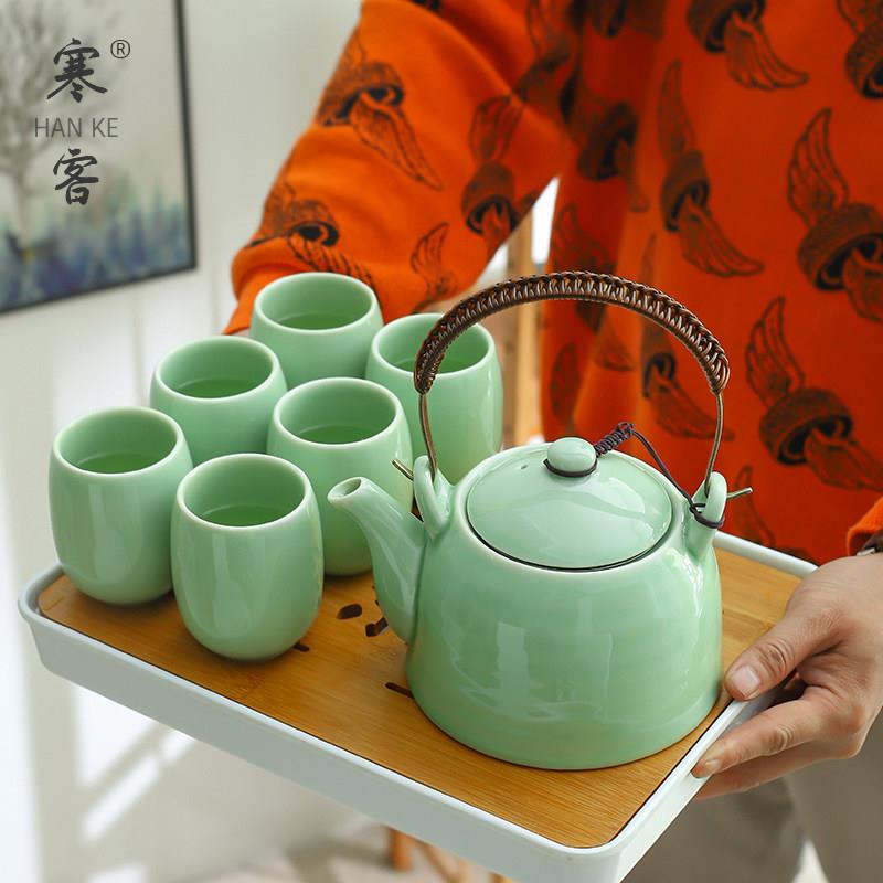 青瓷提梁壶茶具套装简约素色小清新家用大容量茶壶茶杯梅子青中式