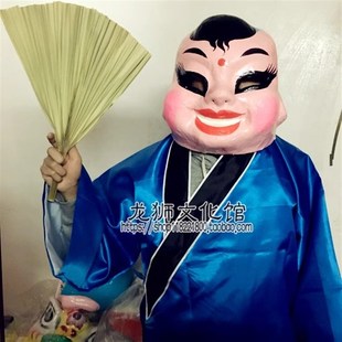 醒狮大头佛仔面具罩摆件头套盔佛公男女娃儿童舞狮子扇子衣服套装