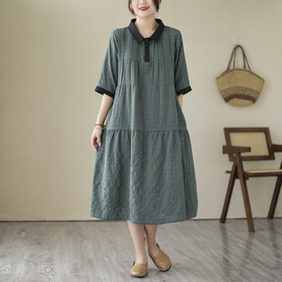 法式复古格子娃娃领短袖连衣裙女夏季新款宽松显瘦收腰气质衬衫裙