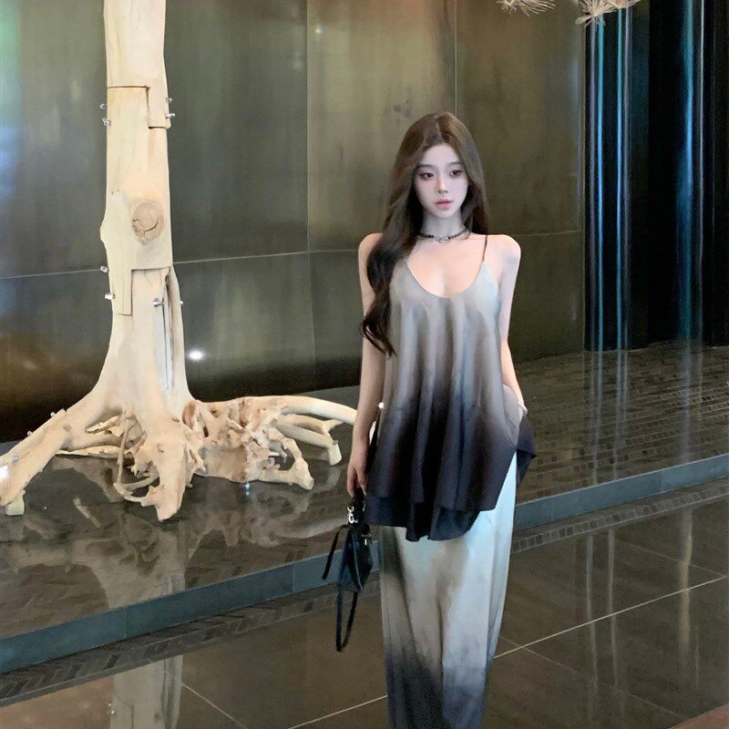 复古水墨画套装裙女气质缎面短款吊带背心夏季高腰半身裙两件套女