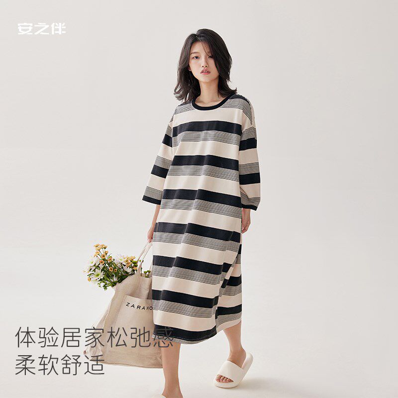 安之伴夏季睡衣女士纯棉春秋薄款甜美性感条纹宽松背心睡裙家居服