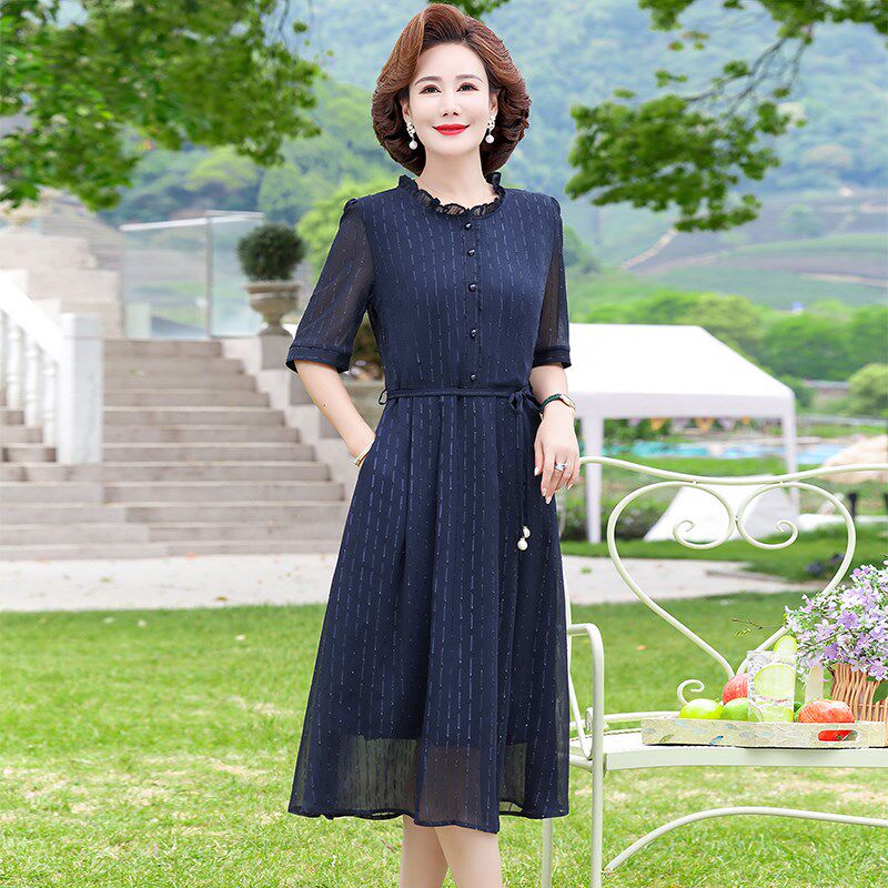 中年妈妈连衣裙气质2024夏装新款40岁50中老年女装洋气雪纺长裙子