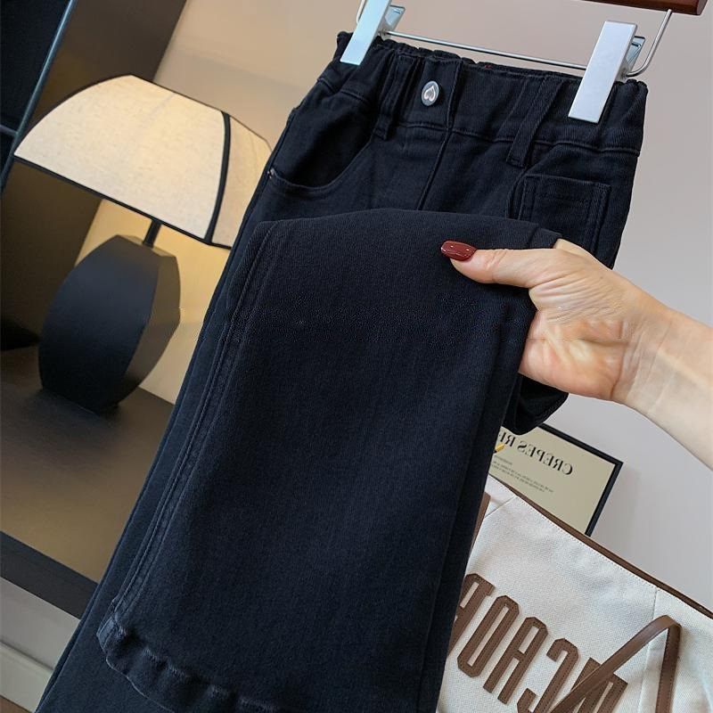 女童喇叭牛仔裤童装秋女中大童简约百搭高腰黑色水洗学生弹力修身