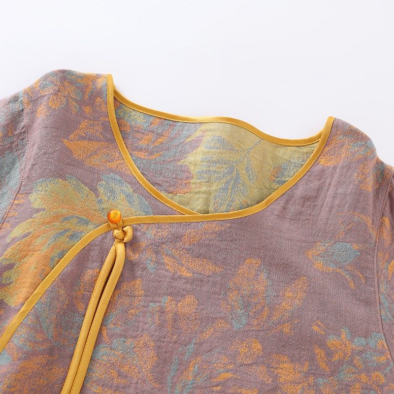 复古中式国风睡裙女纯棉纱布提花盘扣长袖睡衣家居服春秋全棉旗袍