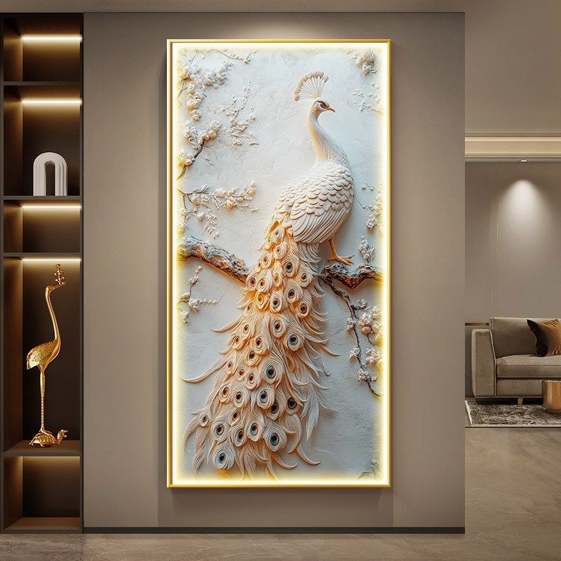 孔雀轻奢玄关装饰画浮雕立体高级感入户进门挂画走廊过道墙壁灯画