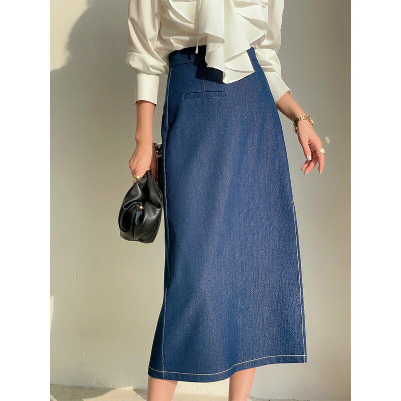 蓝色牛仔半身裙女2025年夏季新款复古高腰开叉中长款小众直筒裙子