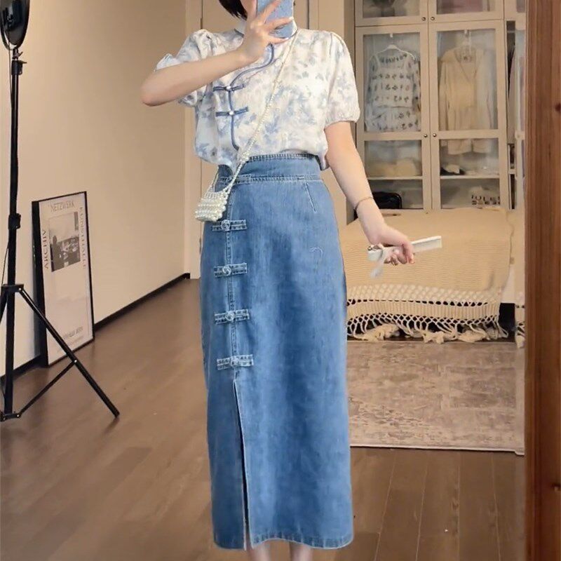 大码胖mm新中式国风盘扣碎花衬衫开叉牛仔半身裙女夏显瘦两件套装,女装/女士精品,大码套装,淘宝优惠券,粉丝福利购,淘宝优惠卷