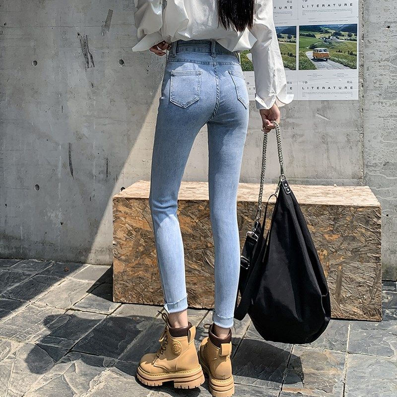 秋冬浅蓝色薄绒八分牛仔小脚裤女紧身裤加绒显瘦小个子深色九分裤