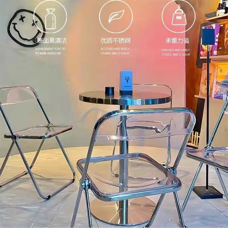 不锈钢吧台桌实木餐桌组合休闲家用饭桌奶茶店阳台小圆桌子牢固
